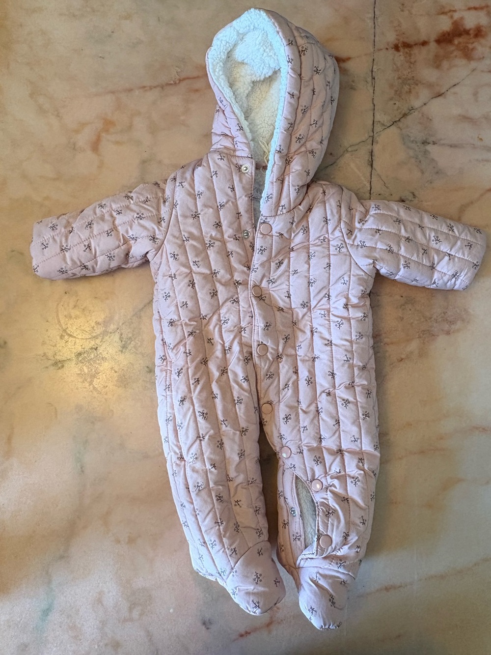 Zara Baby Girl Light Pink Quilted Hooded Snowsuit with Sherpa Lining